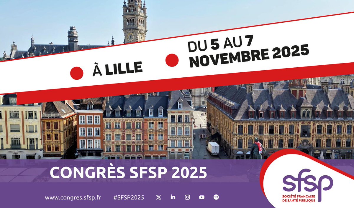 SAVE THE DATE 🔴📢 La SFSP est ravie de vous annoncer que son prochain congrès se tiendra à @LilleGrandPalai du 5 au 7 novembre 2025 !

Cette édition sera co-organisée par @SanteM_EPSMlmCC

⌛ Plus d'infos à venir : congres.sfsp.fr

#SantéPublique #SFSP2025