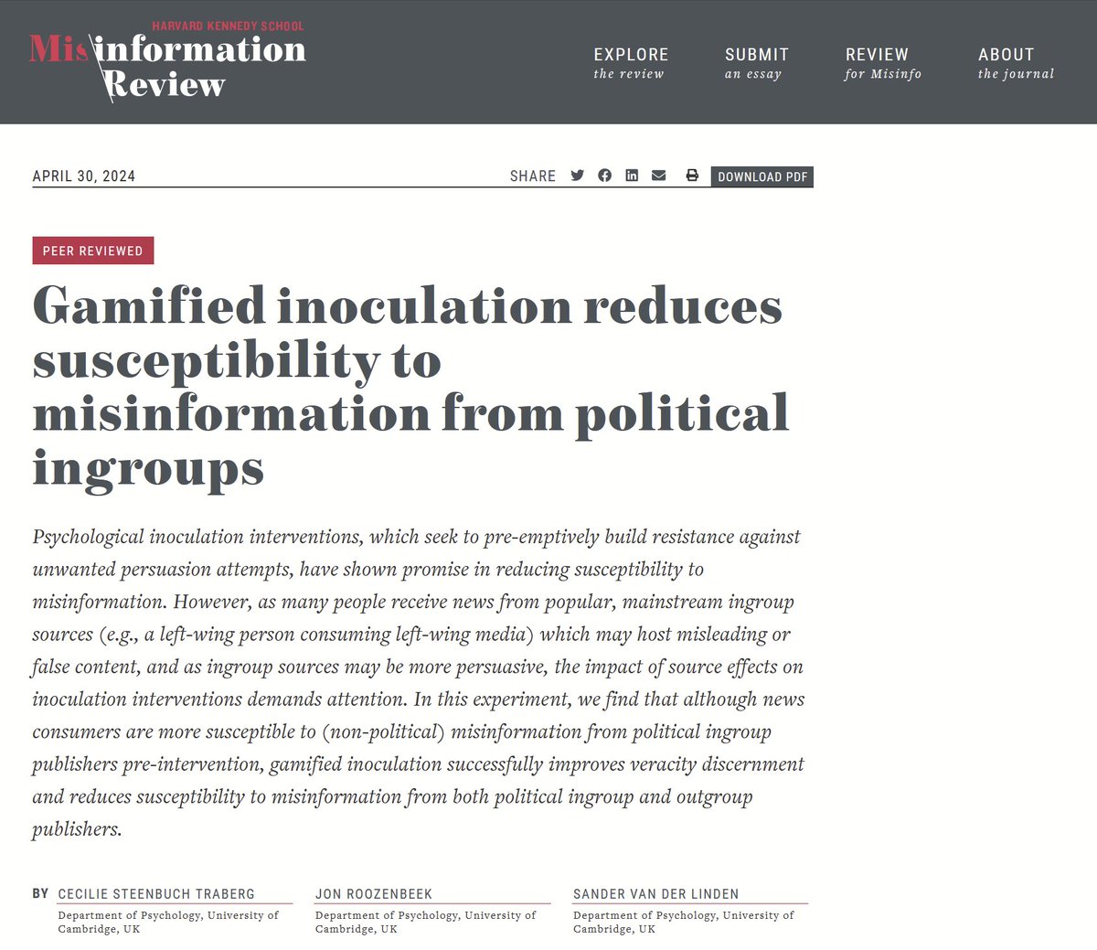 We have a new paper out in the @Harvard @ShorensteinCtr Misinformation Review led by the brilliant @CecilieTraberg showing; ▶️Gamified inoculation improves veracity discernment. ▶️Even when the source of the misinformation is politically congenial. misinforeview.hks.harvard.edu/article/gamifi…