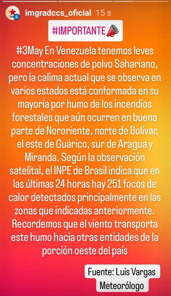 📣Información de interés para la población a cerca de las altas concentraciones de humo que se aprecian en la ciudad de Caracas durante el día de hoy.

Comparte ♻️
#VenezuelaCalorPatrio