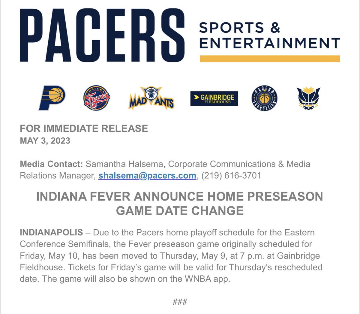 Date change for @IndianaFever! @Pacers take on the #Knicks Friday night at @GainbridgeFH. #LoveIndy 🏀