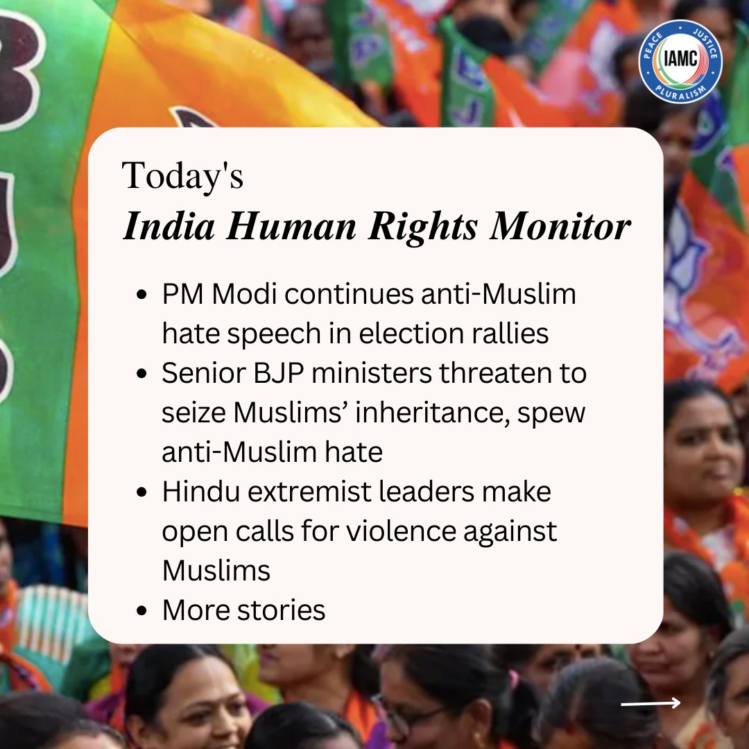 IAMC #indiahumanrightsmonitor

Read top 4 stories here: iamc.com/pm-modi-contin…

#Modi #Yogi #Muslim #hatecrime #HinduExtremist #HinduSupremacist #BajrangDal #RSS #VHP #BJP #hindunation #JaiSriRam #hindutva #violence #hate #freespeech #hatespeech #election