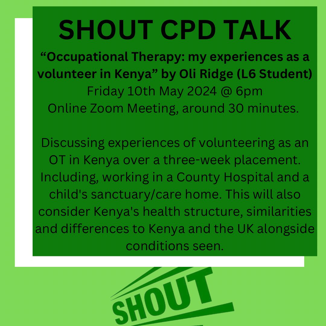 Come and join us for our amazing May talk! One of our lovely level 6 OT students, Oli Ridge, is kindly sharing his experiences of working as an OT in Kenya! ‼️NEW DATE: Friday 10th May @ 6pm - around 30-40minutes ‼️