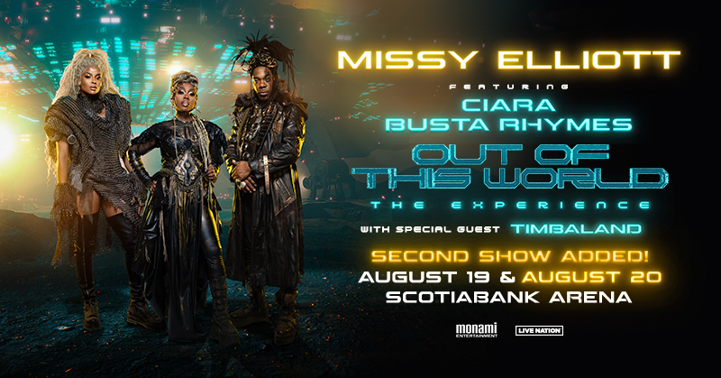 ON SALE NOW: Due to overwhelming demand OUT OF THIS WORLD with @MissyElliott, @ciara, @BustaRhymes & @Timbaland is adding a SECOND date on August 20th at Scotiabank Arena 👽🛸🔥 🎟 bit.ly/3wkr9XA