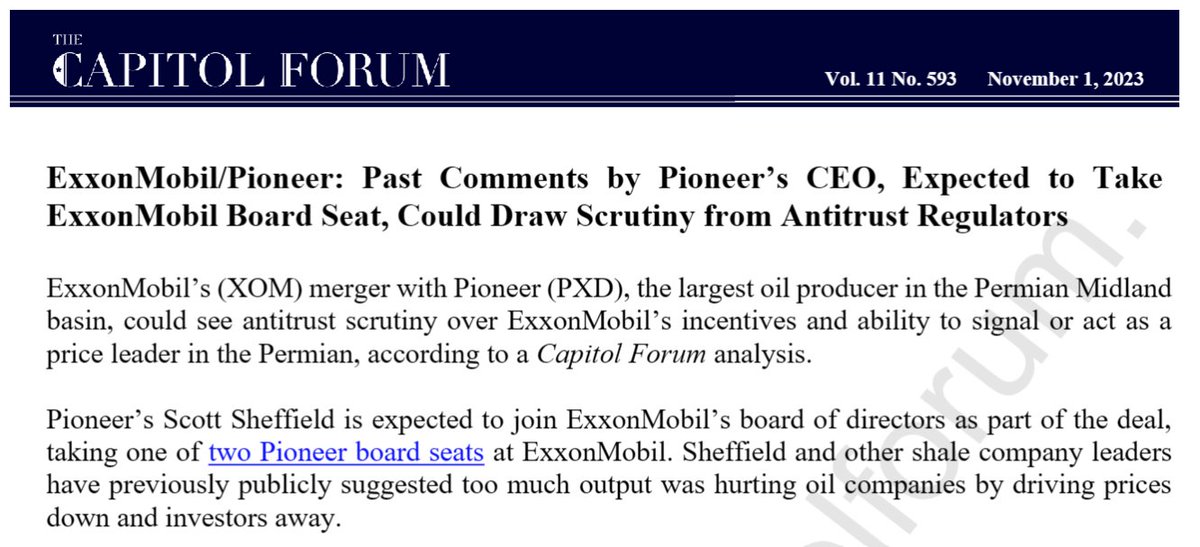 Our latest energy newsletter recalls @Capitol_Forum reporting from November, where @SharonKellyEsq flagged potential antitrust scrutiny for $XOM acquisition of $PXD, based on former $PXD CEO Scott Sheffield's past comments: