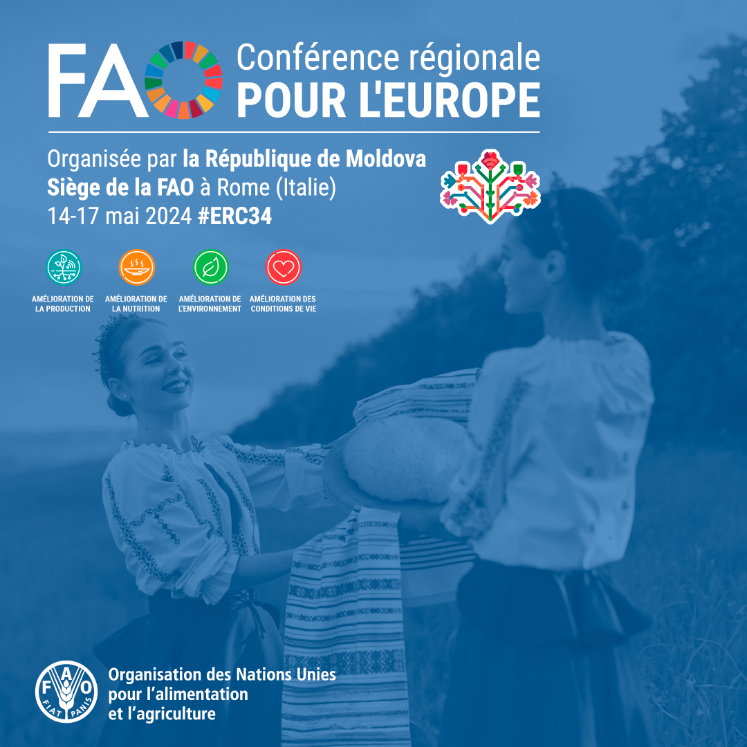 📢 Retenez la date | La 34e session de la Conférence régionale de la @FAO pour l'Europe se déroulera du 14 au 17 mai 2024. La #ERC34 est dédiée à la promotion de systèmes agroalimentaires durables. Pour en savoir plus 👉 fao.org/events/detail/…