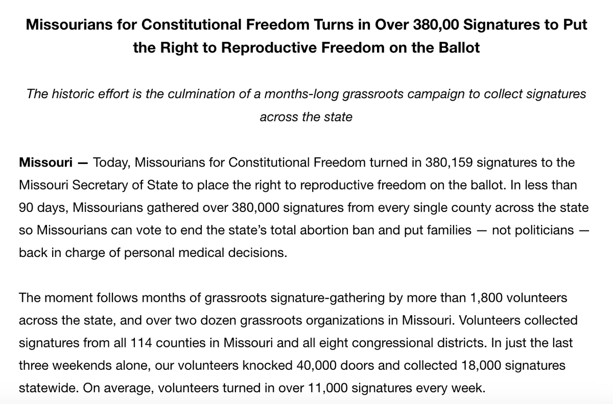 INBOX: Missourians for Constitutional Freedom turn in over 380,000 signatures for proposal to legalize abortion. They needed roughly 171,000 (you have to get a certain number in 6 out of 8 congressional districts). So chances of MO voting abortion rights is very high.