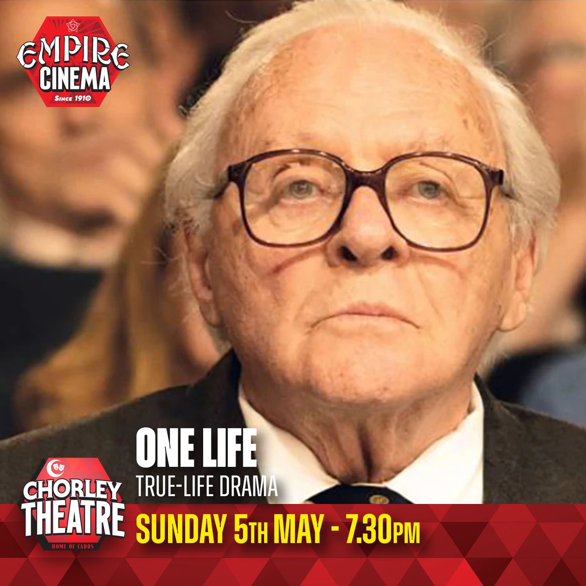 This Sunday, the moving true-life drama One Life is on our cinema screen. Anthony Hopkins stars as Nicholas Winton, who’s fight to rescue Jewish children from the Nazis was made famous on Esther Rantzen’s TV show That’s Life. 7.30pm start ticketsource.co.uk/chorleytheatre…