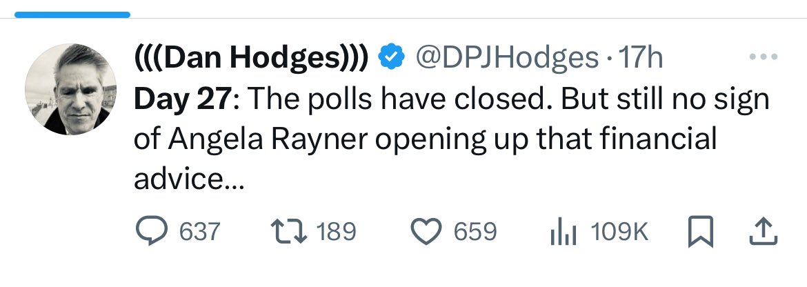 Interesting. @DPJHodges has been all over Rayner with his daily posts from Day 3 to Day 27. Local elections yesterday, and today, no day 28 post. Funny dat.