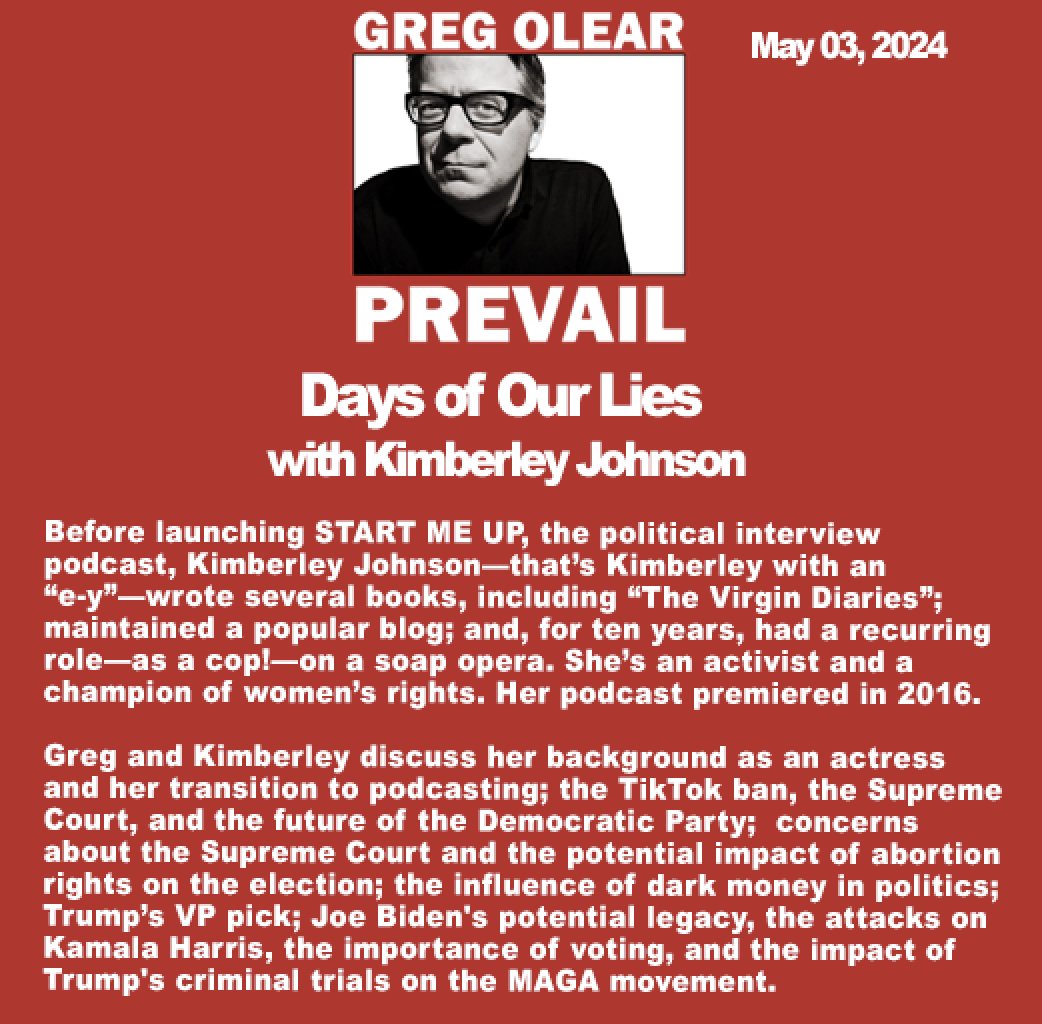 ICYMI: #PREVAIL podcast w/@gregolear_prevail #MSWMedia Guest: @AuthorKimberley Listen: podcasts.apple.com/us/podcast/day… Dobbs, Democracy, and Days of Our Lives A discussion w/ the women's rights activist and 'Start Me Up' podcast host Kimberley Johnson Read: gregolear.substack.com/p/dobbs-democr…