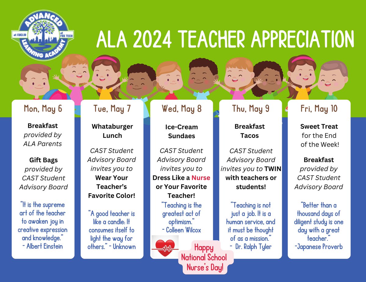 We are excited to celebrate our ALA teachers next week for Teacher Appreciation! Get ready to shower your teachers with love and gratitude all week long! 🐊💙