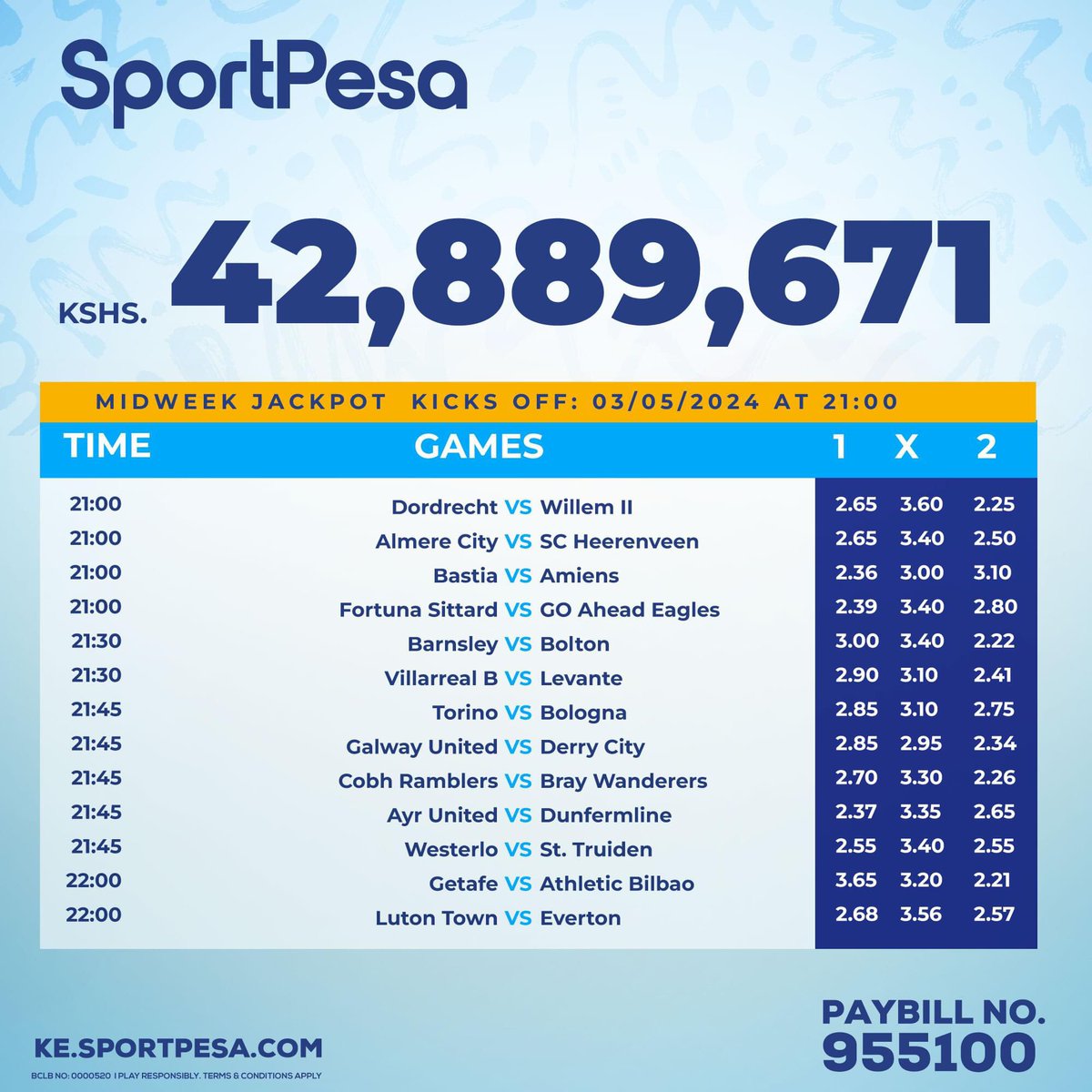 Win 42Million under 4hrs !
That is what @SportPesa Midweek Jackpot has for you this week.
Stake ni 99bob on 13 games. Kickoff ni  9pm.
#ShindaMoreNaSportpesa