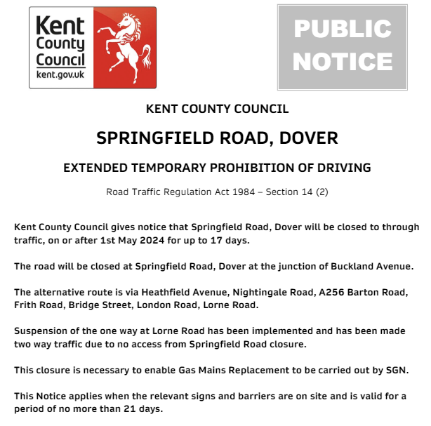 Dover, Springfield Road: Road closed 1st May for up to 17 days to allow for @SGNgas mains replacement works: moorl.uk/?kwervq