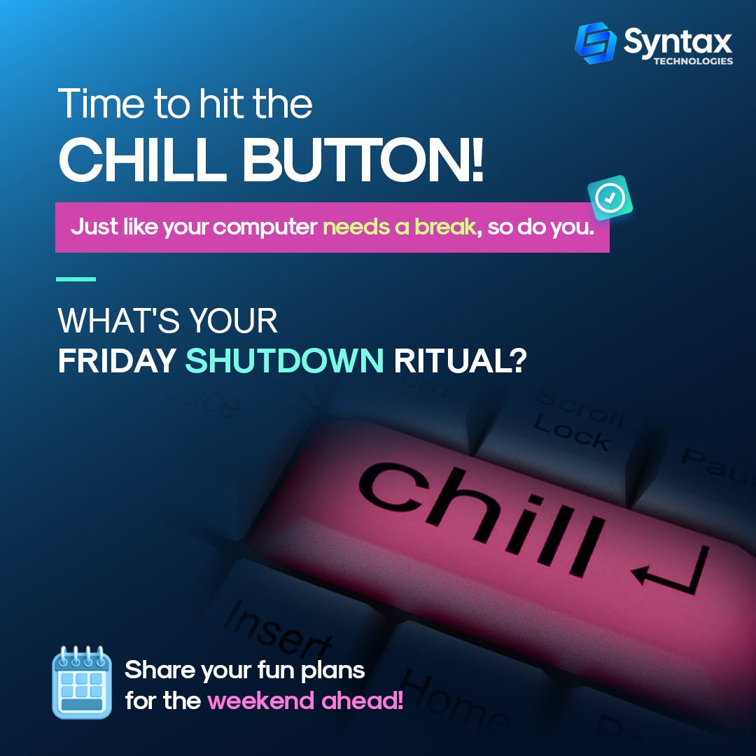 Chill vibes incoming! 💆‍♂️Share your weekend plans! 💬

✅Follow @syntaxtechs for more.

#chillmode #unwindtime #fridayfeels #weekendvibes #relaxandrecharge #chillaxing #tgif #syntaxtechs