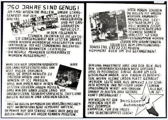 Nach dem 1.Mai 87 verklebten 'Berliner Autonome' Plakate zur Revolte und den Hintergründen, übten aber auch Kritik an zielloser Gewalt und blinder Zerstörungswut. #R1MB