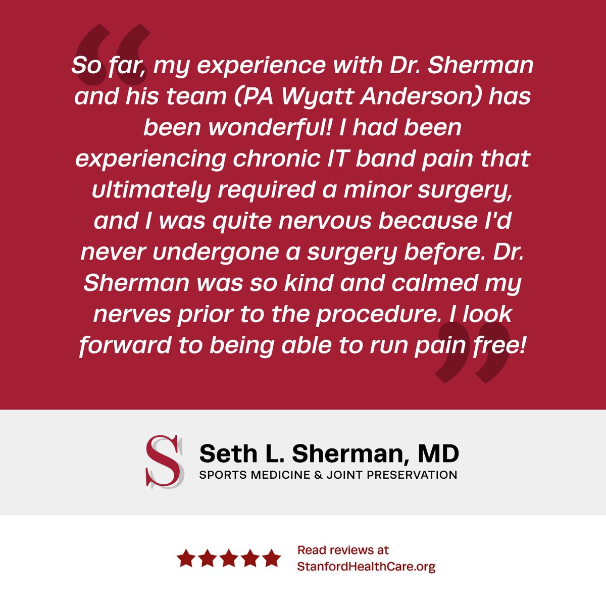 It's always great to hear kind words about my team! 

Check out more patient reviews at stanfordhealthcare.org/doctors/s/seth…. 

@SU_SportsMed @Stanford_Ortho @StanfordMed #onlinereviews