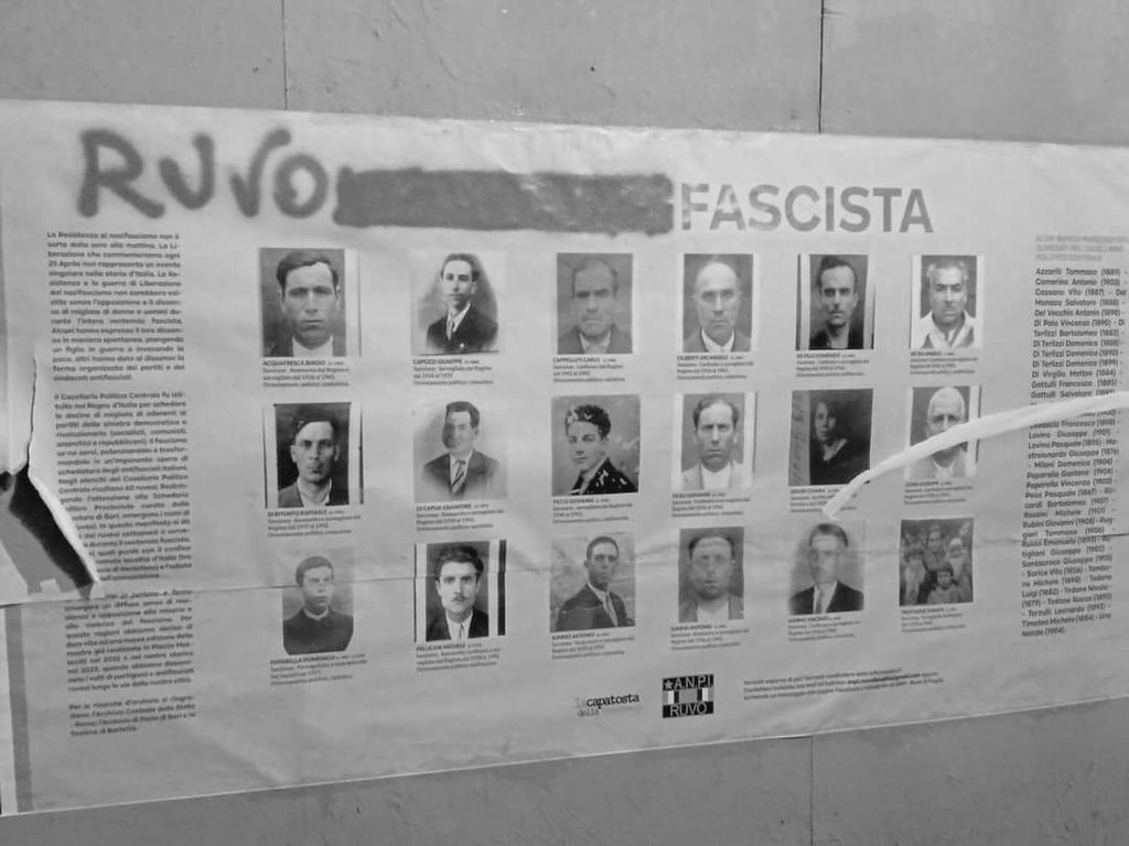 'Ruvo fascista' – Così è stata vandalizzata una delle affissioni realizzate dall'Anpi lo scorso 25 Aprile, con i volti degli antifascisti di Ruvo perseguitati e incarcerati dal regime fascista. (Italia, 2024) #matrice