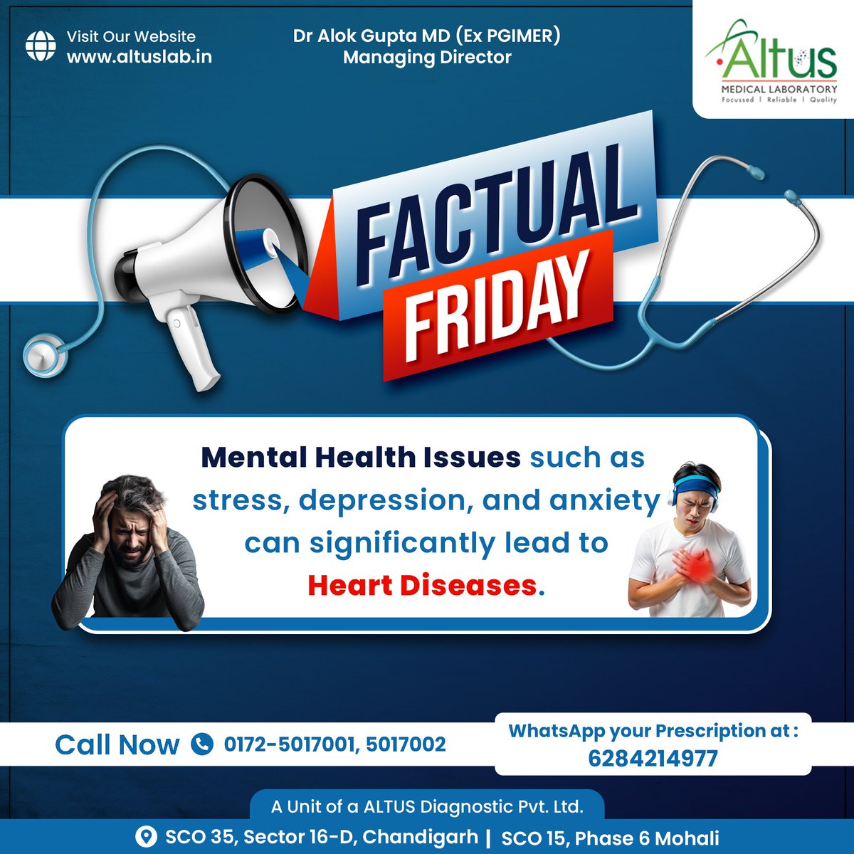 Did you know mental health issues like stress, depression, and anxiety can lead to heart diseases? Stay informed and visit our website for more details. #FactualFriday #MentalHealth #AltusLab