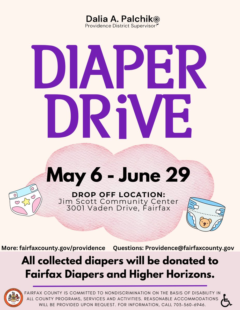 Starting Monday, May 6, my office will be collecting donations of diapers of any size to help address diaper insecurity. All collected items will be donated to Fairfax Diapers and Higher Horizons to help families in need. @fairfaxcounty @FairfaxNCS