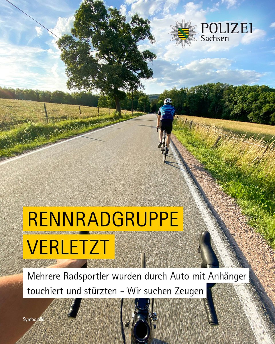 Am Dienstag wurde in #Oberlungwitz eine vierköpfige Rennradgruppe von einem Sprinter samt Anhänger überholt. Der unbekannte Autofahrer scherte so dicht vor der Gruppe ein, sodass es zu mehreren Stürzen kam.

Zum Zeugengesuch der Polizeidirektion #Zwickau: polizei.sachsen.de/de/MI_2024_106…