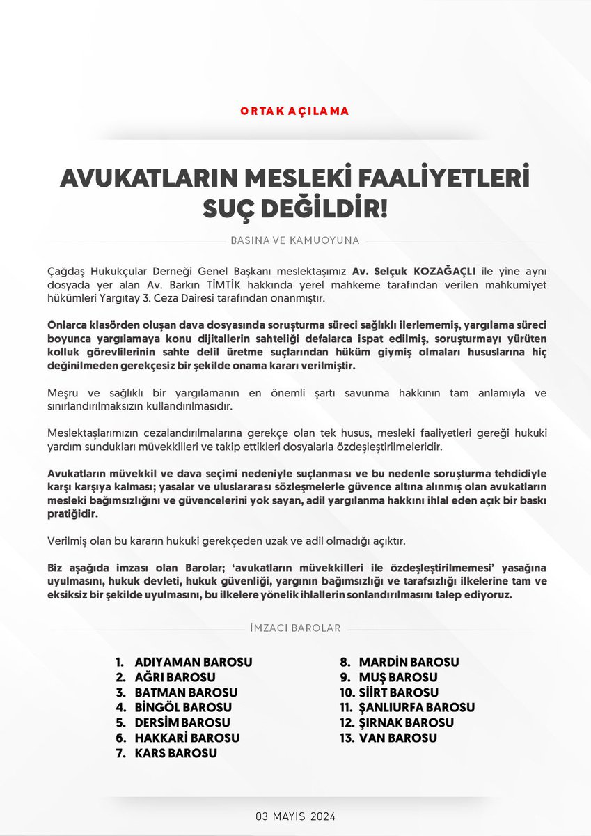 13 Baro’dan Ortak Açıklama:

“Avukatların Mesleki Faaliyetleri Suç Değildir!'