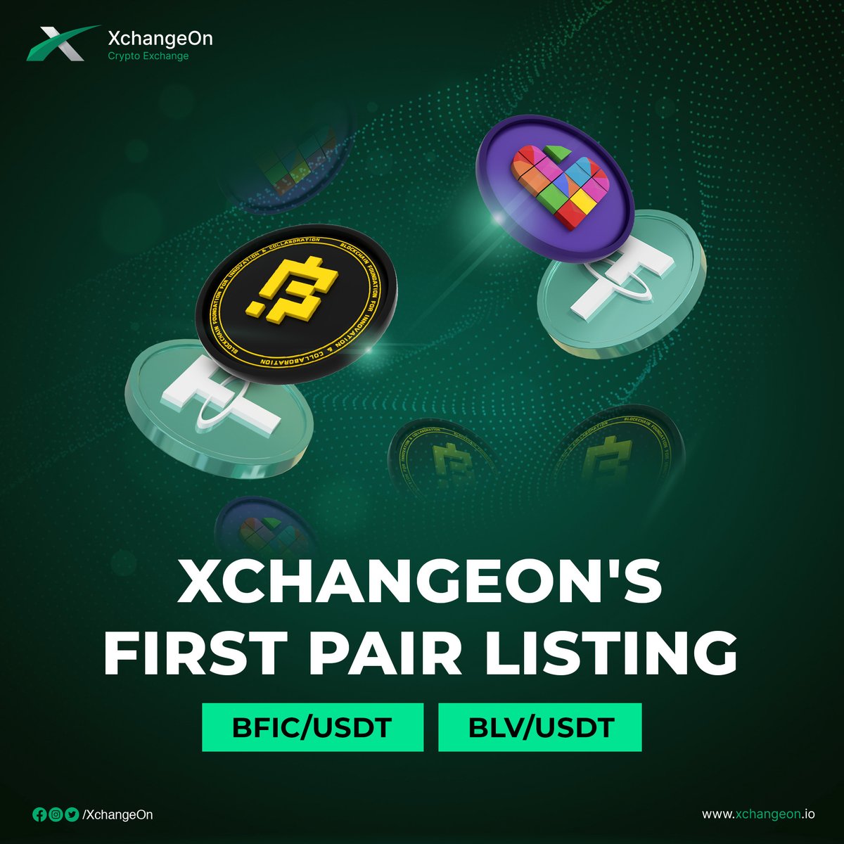 📣 Exciting news! 
Xchangeon introduces its first pairings: BFIC/USDT and BLV/USDT

 Stay tuned  💹💼 
xchangeon.io

#Xchangeon #TradingAlert #BFIC #BLV #CryptoCommunity #CryptoMarket #Trading