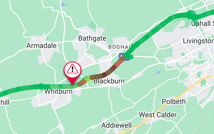 NEW ❗⌚ 15:28 #M8 - Whitburn The Westbound carriageway is restricted at Junction 4 due to a collision. Traffic is already backing up to Bathgate. Delays are approx. 13 minutes. @SETrunkRoads