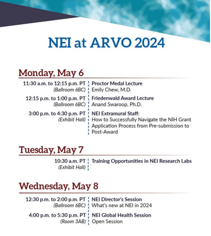 Ready for #ARVO2024? @NatEyeInstitute will have a big presence there! Meet program officers, see presentations from our intramural research program, and get the latest updates. @ARVOinfo Here’s a summary: nei.nih.gov/arvo