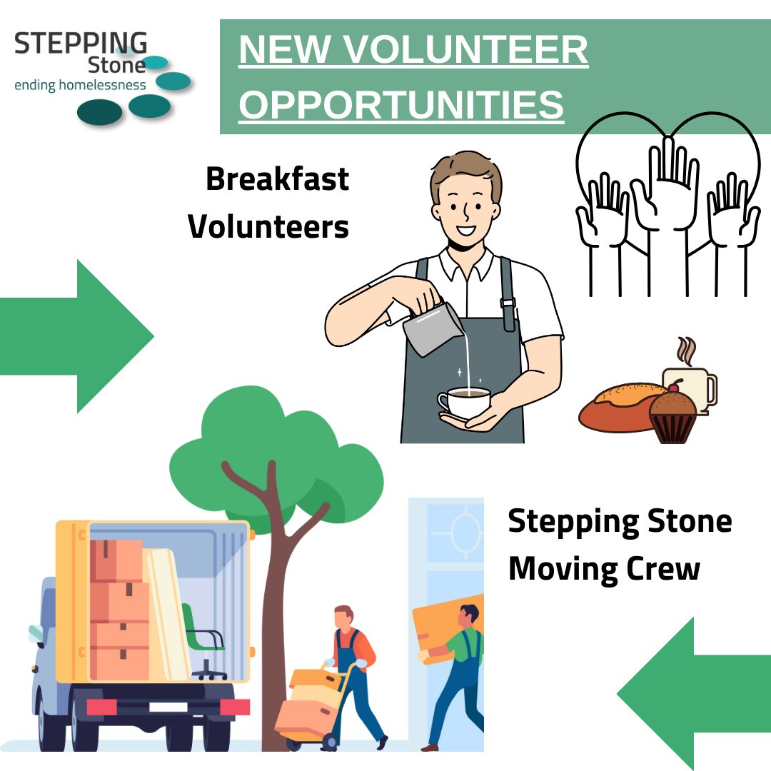 Two new Volunteer Opportunities - Stepping Stone Moving Crew and Breakfast Volunteers. Details and links to the Volunteer Interest form to sign up can be found here: bit.ly/2T1pkID  #volunteer #community #endhomelessness
