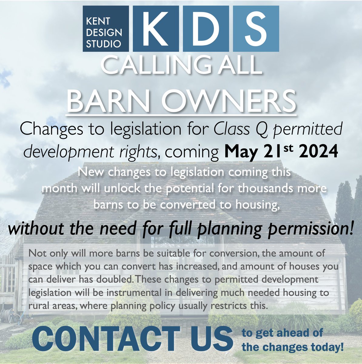 CALLING ALL BARN OWNERS
Changes to legislation for Class Q permitted development rights, coming 21st May 2024.
#kentplanning #ruralbusiness  #development #barnowners #barnconversion #changeofuse #kent #legislation #planningpermission #housing #agriculturalbarn #classq