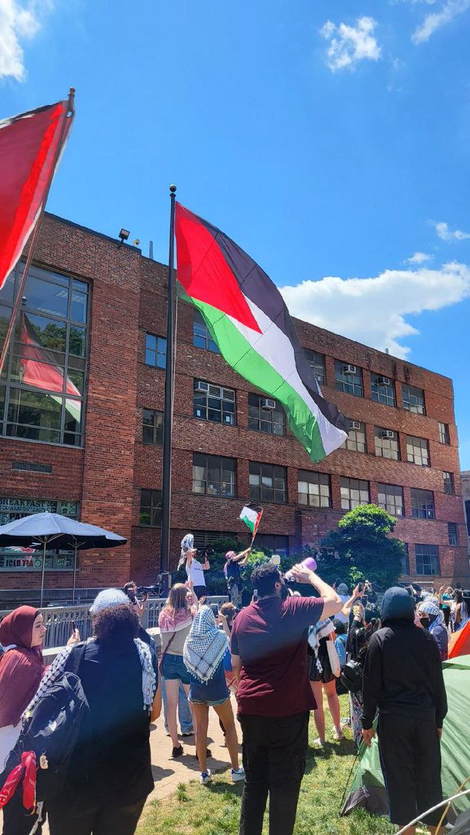 Los estudiantes de la Universidad George Washington izan una enorme bandera de Palestina en medio del campus, mientras continúan su acción en curso exigiendo el fin del genocidio en Gaza.