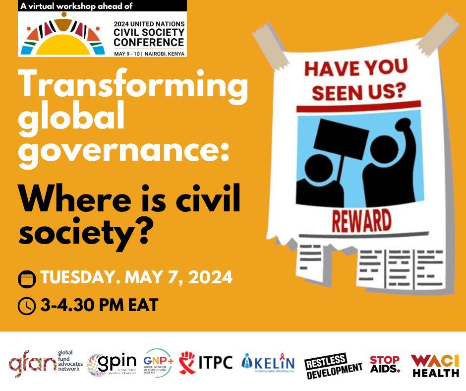 📢 Join us together with @KELINKenya @GFadvocates @STOPAIDS @restlessdevelo1 @WACIHealth @ITPCglobal @GlobalPubInvt for a critical discussion on transforming global governance in a virtual workshop ahead of the UN CSO Conference in Nairobi. 🗓️ Tues, May 7th, 3-4:30 pm EAT. 🔗…