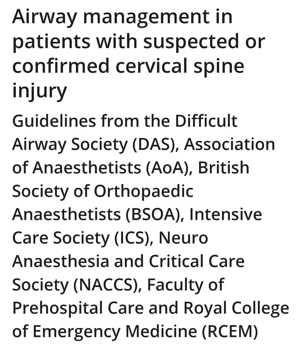 📣New guideline alert! Airway management in patients with suspected/confirmed cervical spine injury Joint guideline from @dasairway @Assoc_Anaes @Bsoa_org_uk @ICS_updates @naccsuk @FPHCEd and @RCEMLearning …-publications.onlinelibrary.wiley.com/doi/10.1111/an… Open access!
