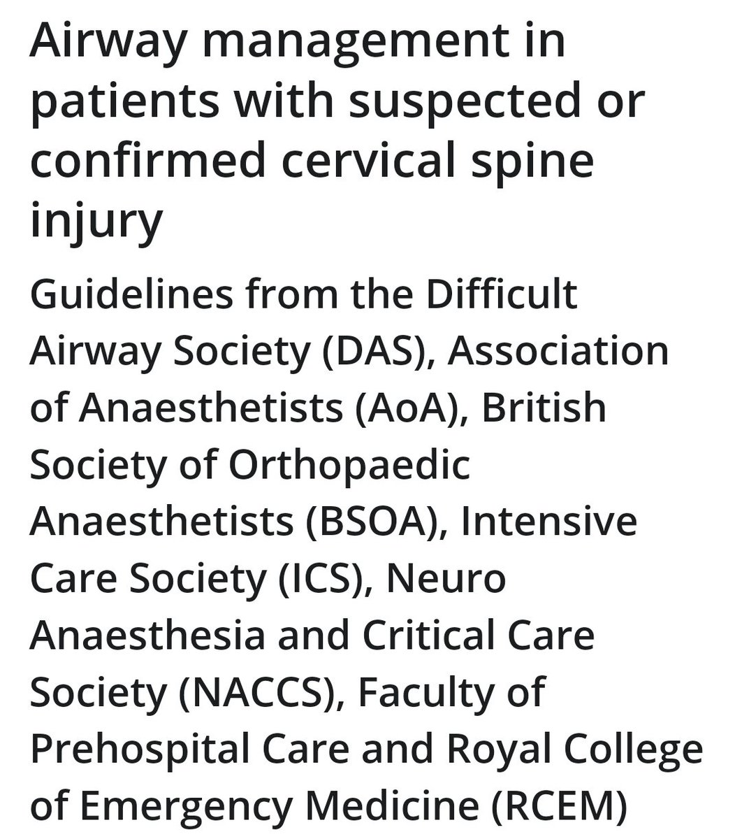 Difficult Airway Society (DAS) (@dasairway) on Twitter photo 📣New guideline alert!
Airway management in patients with suspected/confirmed cervical spine injury
Joint guideline from
<a href="/dasairway/">Difficult Airway Society (DAS)</a> <a href="/Assoc_Anaes/">Association of Anaesthetists</a> <a href="/Bsoa_org_uk/">The British Society of Orthopaedic Anaesthetists</a> <a href="/ICS_updates/">Intensive Care Society 💙</a> <a href="/naccsuk/">🄽🄰🄲🄲🅂</a> <a href="/FPHCEd/">prehospitalcare</a> and <a href="/RCEMLearning/">RCEMLearning</a>
…-publications.onlinelibrary.wiley.com/doi/10.1111/an…
Open access! 📣New guideline alert!
Airway management in patients with suspected/confirmed cervical spine injury
Joint guideline from
<a href="/dasairway/">Difficult Airway Society (DAS)</a> <a href="/Assoc_Anaes/">Association of Anaesthetists</a> <a href="/Bsoa_org_uk/">The British Society of Orthopaedic Anaesthetists</a> <a href="/ICS_updates/">Intensive Care Society 💙</a> <a href="/naccsuk/">🄽🄰🄲🄲🅂</a> <a href="/FPHCEd/">prehospitalcare</a> and <a href="/RCEMLearning/">RCEMLearning</a>
…-publications.onlinelibrary.wiley.com/doi/10.1111/an…
Open access!
