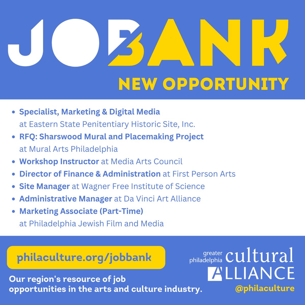 Check out these new job opportunities with arts and culture organizations like @easternstate, @muralarts, @MediaPAarts, @FirstPersonArts, @wagnerinstitute, @DVArtAlliance, and @PhillyJFM_. Learn more about these positions and so many more at the Job Bank: philaculture.org/what-we-do/job…