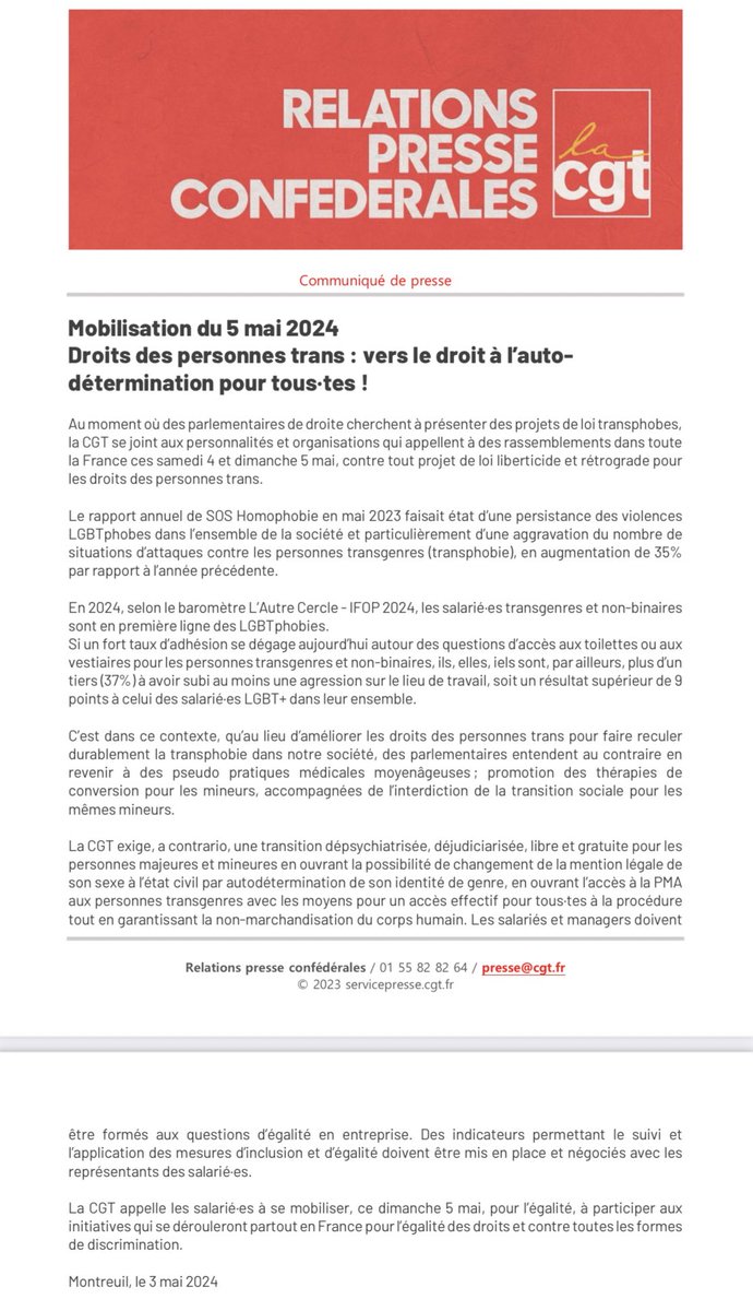 📣 À l’heure où des parlementaires de droite cherchent à présenter des projets de loi transphobes, la #CGT se joint aux personnalités et organisations qui appellent à des rassemblements dans toute la France ce week-end, contre tout projet de loi liberticide et rétrograde pour les…