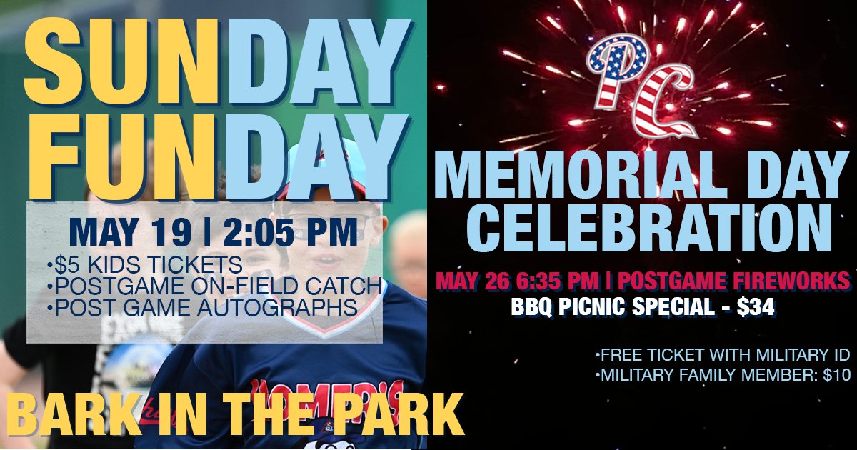 BACK 2 BACK SUNDAY FUNDAYS AT DOZER PARK!! Get your tickets now! May 19 at 2:05pm ☀️Every sunday is SUNday FUNday & Bark in the Park!! May 26 at 6:35pm 🎆 Memorial Day Celebration with postgame fireworks & a BBQ picnic special! 🎟: atmilb.com/4dBCy6r - - - #peoriachiefs