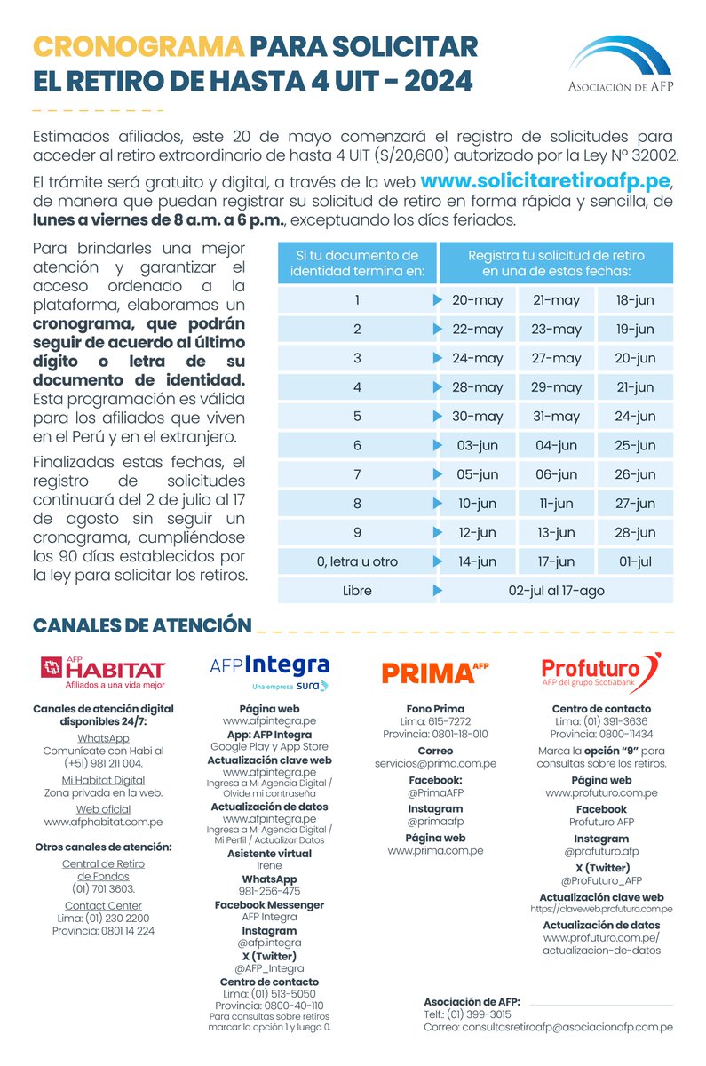 Estimados afiliados, los invitamos a leer nuestro comunicado sobre el retiro de hasta 4 UIT. Les recordamos que el registro de solicitudes comenzará el lunes 20 de mayo. Será gratuito y 100% digital. ✅