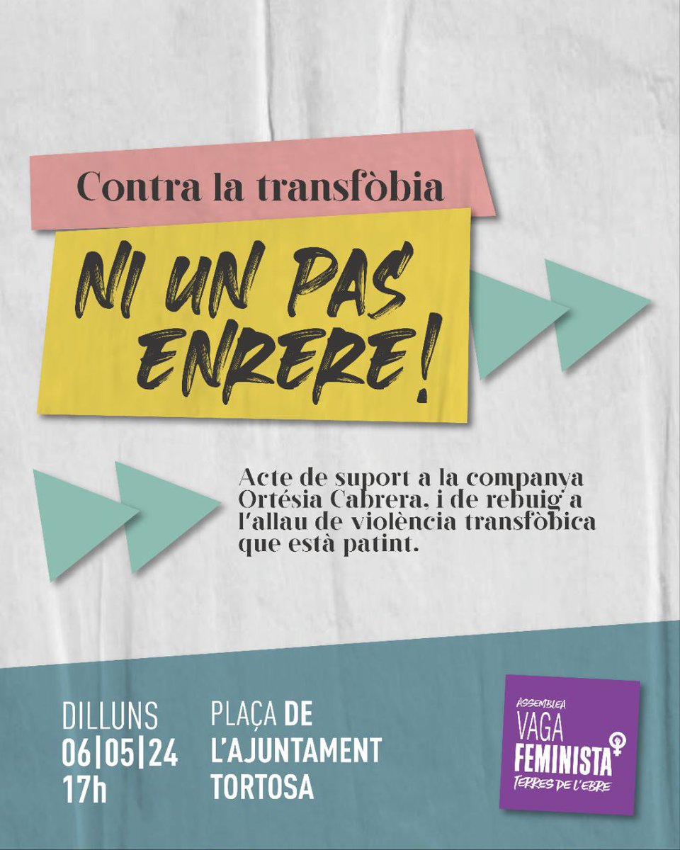 La companya @ortesia_online membre de l'assemblea i ara candidata a una llista electoral, fa dies que està rebent atacs trànsfobs per les xarxes. Tot el nostre suport ✊🏼 Ni un pas enrera amb la transfòbia 🏳‍⚧🏳️‍🌈💜 Vine a donar-li suport a l'acte el dilluns 6 de maig a Tortosa👇🏼