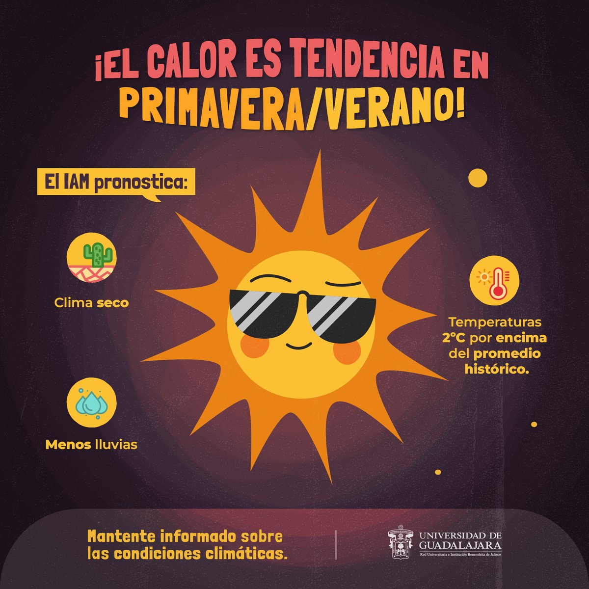 ¡Ten a la mano el protector solar! ☀️  

Especialistas de @IAM_UdeG estiman altas temperaturas durante mayo 🌡️, además de un clima más seco de lo normal.  

Conoce todos los detalles en el siguiente enlace: bit.ly/3xDIpax