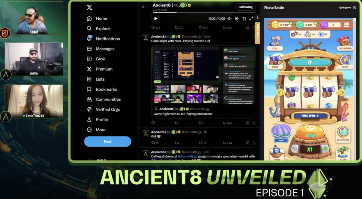 Such an amazing show with @Chief_AxieGG from E4E and my brother @Justin_The_Mind , unveiling almost everything about @Ancient8_gg . ☔️🔥 Want to get the Alpha Leak? Watch the full show here👇 twitch.tv/videos/2136120…