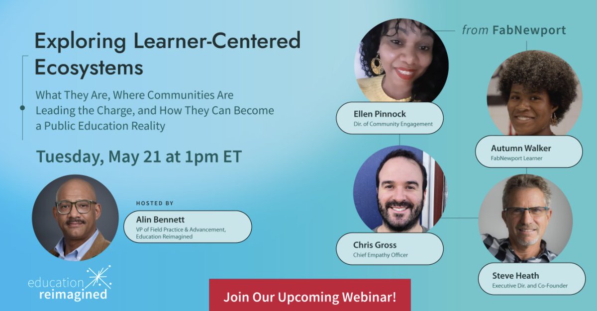 Friends: here's some May PD you don't want to miss. Join @EdReimagined and @AlinBennettRI for an a conversation about learner focused communities, featuring @FabNewport. Details and registration available here: mailchi.mp/educationreima…