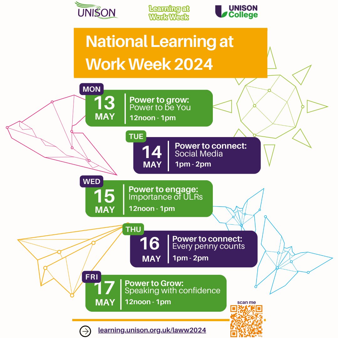 National Learning at Work Week 🗓️13-19 May #LearningAtWorkWeek Explore the power of @unisonlearning!🤯 #LearningPower2024 All sessions are free of charge and open to all. Register now ⏩ learning.unison.org.uk/laww2024/