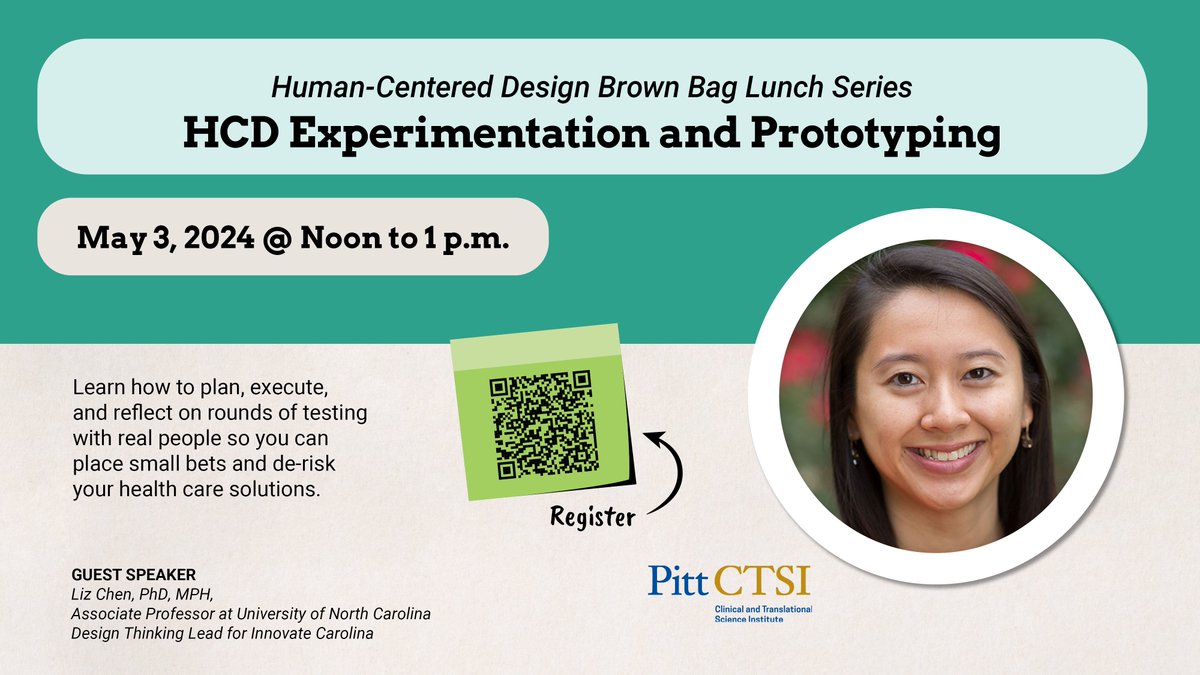 Join us during the #HCD Brown Bag Lunch Series, TODAY at noon, to learn how to develop more innovative & effective interventions by using #experimentation & #protoyping from Liz Chen, PhD, MPH! Register now 👉 pitt.zoom.us/meeting/regist…