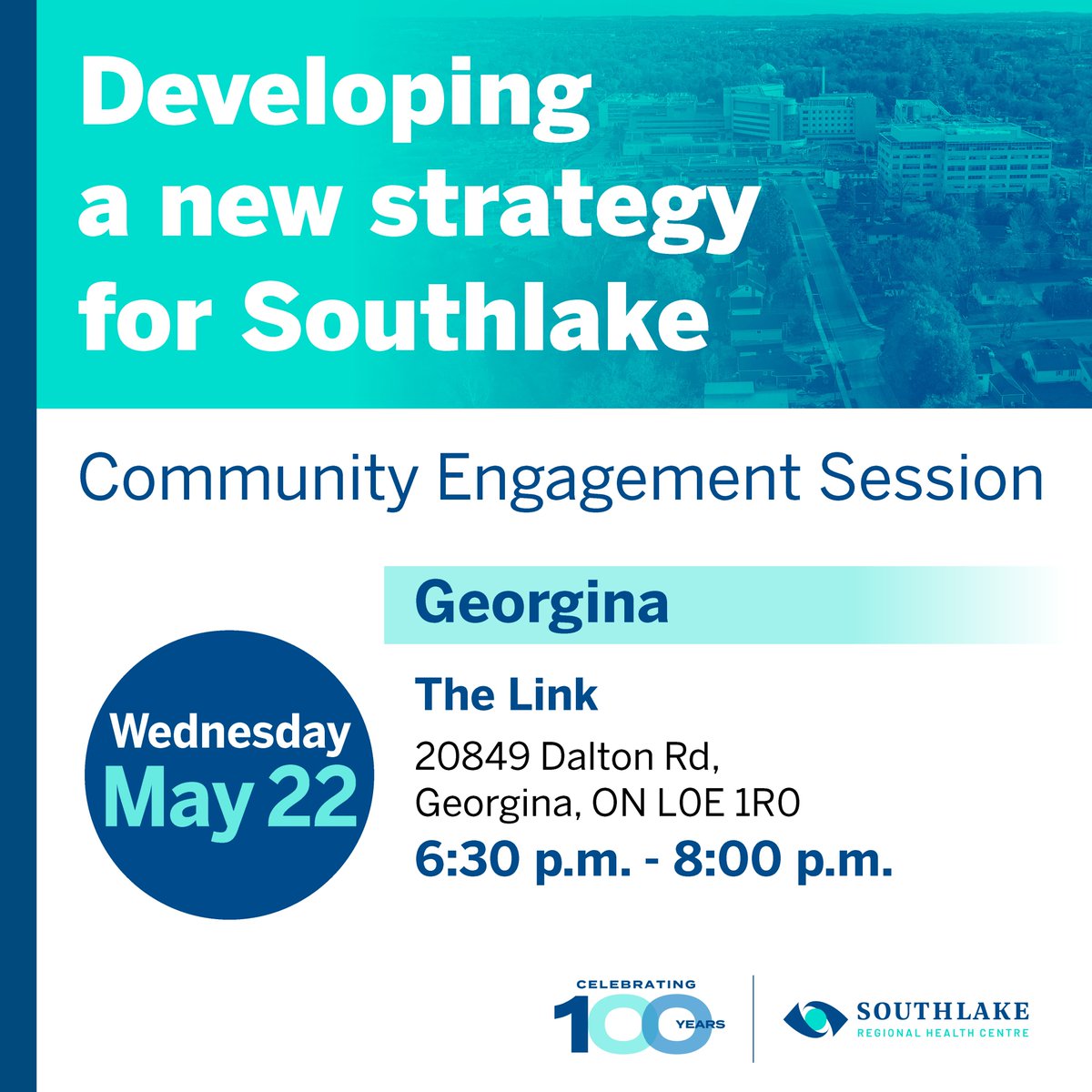 📢 Join Southlake for a Town Hall event on May 22 at the Link from 6:30pm to 8pm. 🥳 Celebrate its centennial anniversary & share your insights, ideas & vision for the next 100 years of care in our communities. 🏥 To learn more, visit southlake.ca/planning-for-o…. @SouthlakeRHC