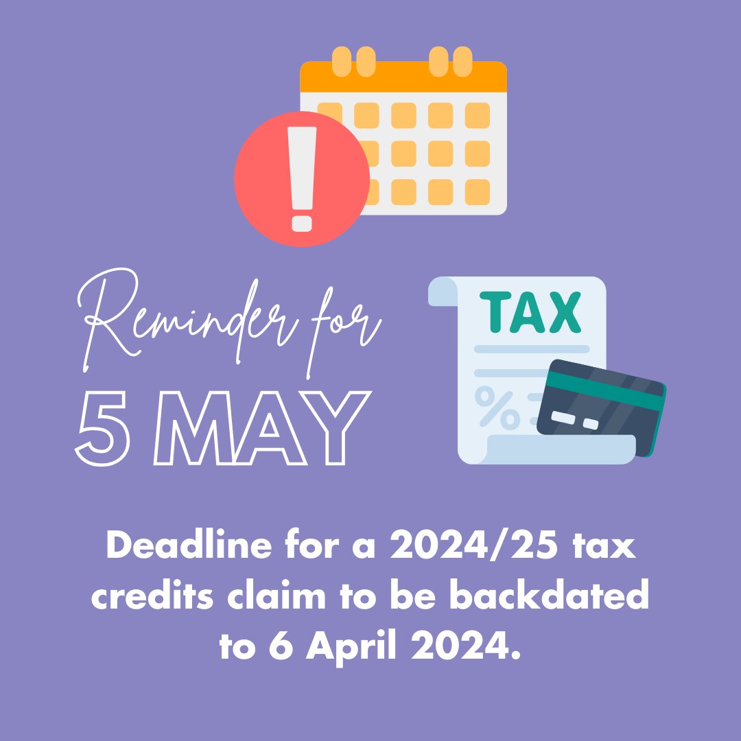 The deadline to backdate a 2024/25 tax credits claim to 6 April 2024 is on Sunday!  
 
Don’t miss out, keep on top of your tax deadlines with our team’s support. 
 
#TaxDeadline #TaxCredits