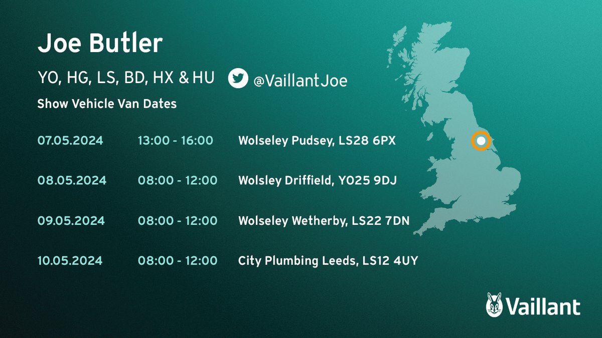 Meet Joe Butler, your Regional Business Manager at a merchant near you! @VaillantJoe will be visiting selected merchants this month to answer any queries you may have and discuss our product range. See the following dates and locations 👇