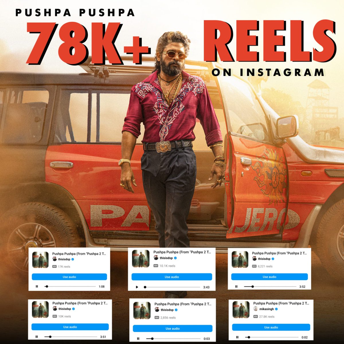 No doubt why he is called as 𝐁𝐈𝐆𝐆𝐄𝐒𝐓 𝐏𝐀𝐍 𝐈𝐍𝐃𝐈𝐀 𝐒𝐓𝐀𝐑 🔥 Within 2 days massive 75k+ reels on instagram this is just a sample 1M soon #PushpaPushpa . @alluarjun SHAKING the world once again with his simple steps #Pushpa2TheRule 🔥🥁