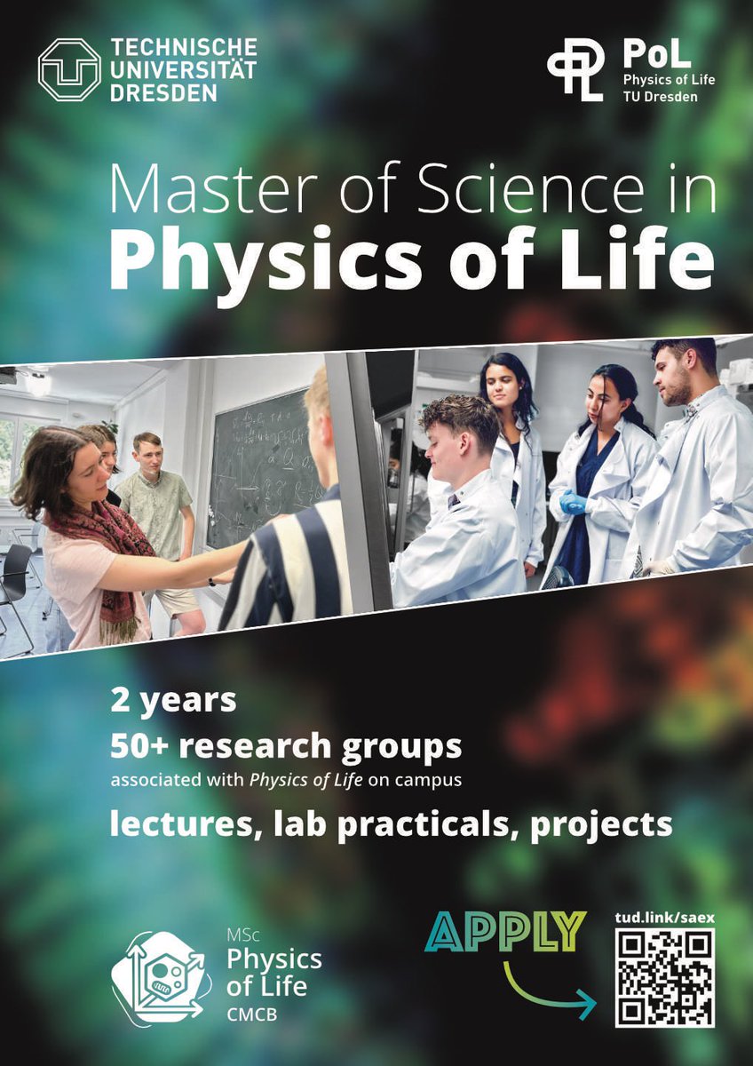 🚨 Join @PoLDresden as a #master student! Explore the intersection of #physics and #biology through theory and experiment 🤓. Applications open until 31/05! Please RT ☺️ physics-of-life.tu-dresden.de/career-educati…