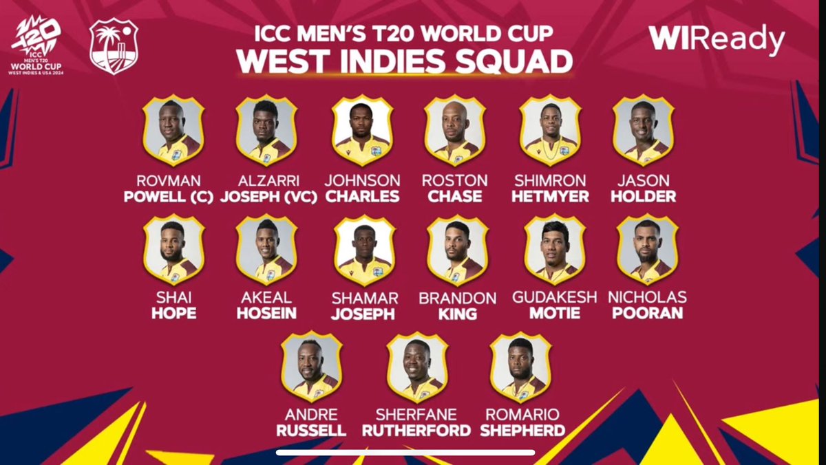 🚨🚨🚨 🌴 West Indies Men's T20 World Cup Squad 🏏 #Rally #T20WorldCup #WIPayers