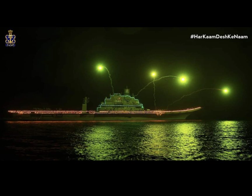 R33 @IN_Vikramaditya was lit up OTD (03May20) to pay a tribute to the Corona Warriors. A Blackswan event was handled very deftly by our Armed Forces . @BharatShaktiBSI @nitingokhale @Arun_Golaya @indiannavy @adgpi @IAF_MCC @young_shawarma @rahulsinghx @ShivAroor @SandeepUnnithan